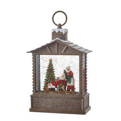 Item 282162 Santa In Chair Lighted Water Log Cabin Lantern