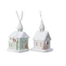 Item 360185 Green/White Snowy House Ornament