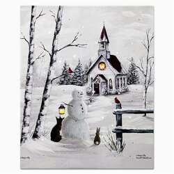 Item 558279 thumbnail Snowman With Church Lighted Canvas